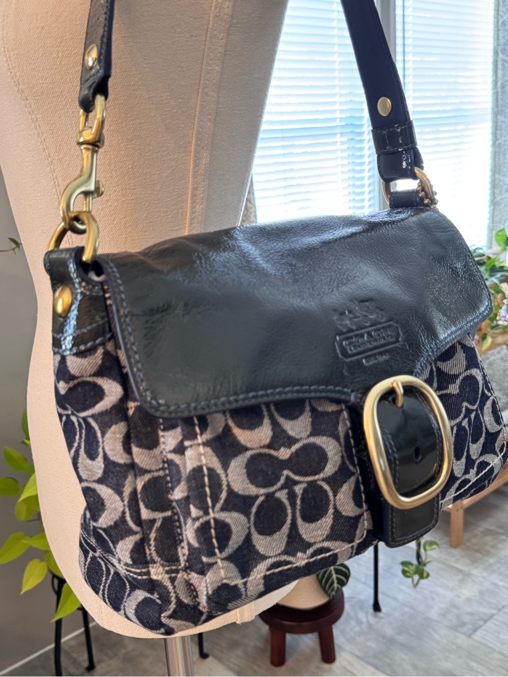 Coach Bleecker Patent Leather & Signature Navy Jacquard Shoulder Bag